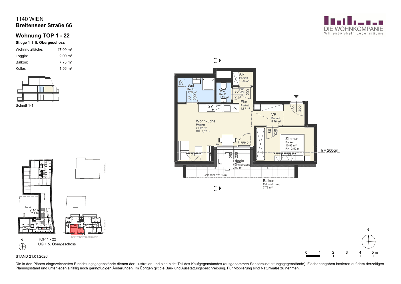 Grundriss Top 1/22 — Sixtysix — 2 Zimmer — 47,1 m² — 5th floor