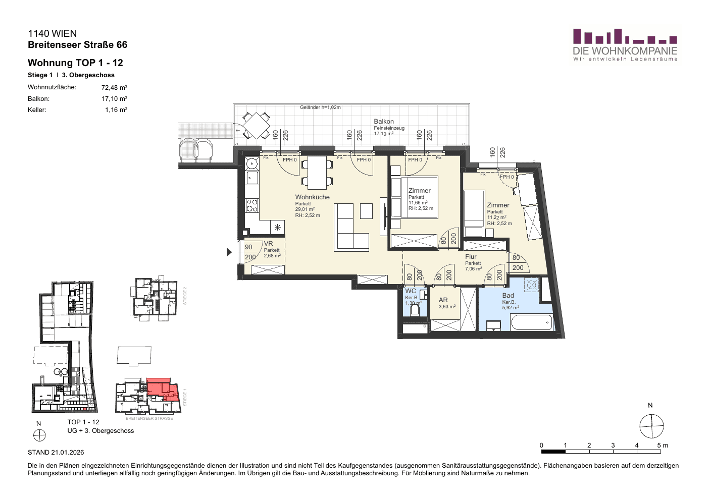 Grundriss Top 1/12 — Sixtysix — 3 Zimmer — 72,5 m² — 3rd floor