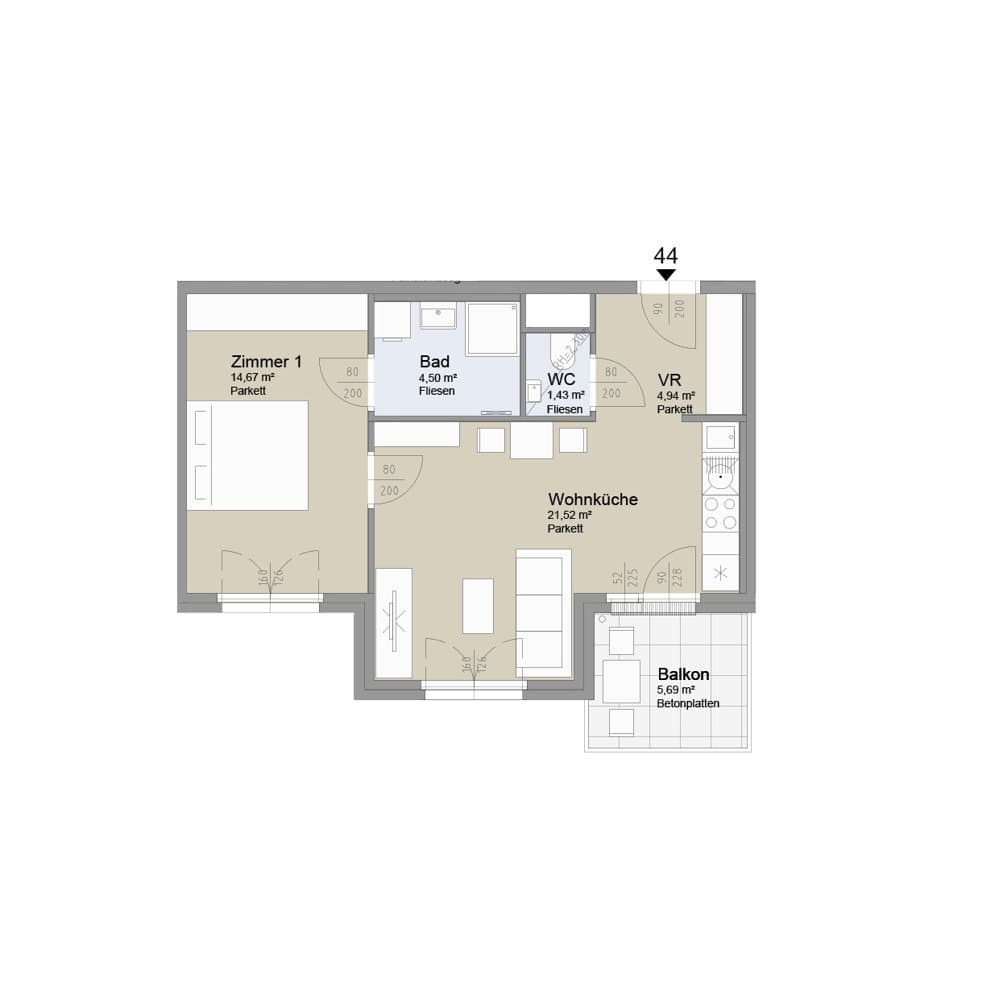 Grundriss Top 44 — Soley — 2 Zimmer — 47,1 m² — 5th floor