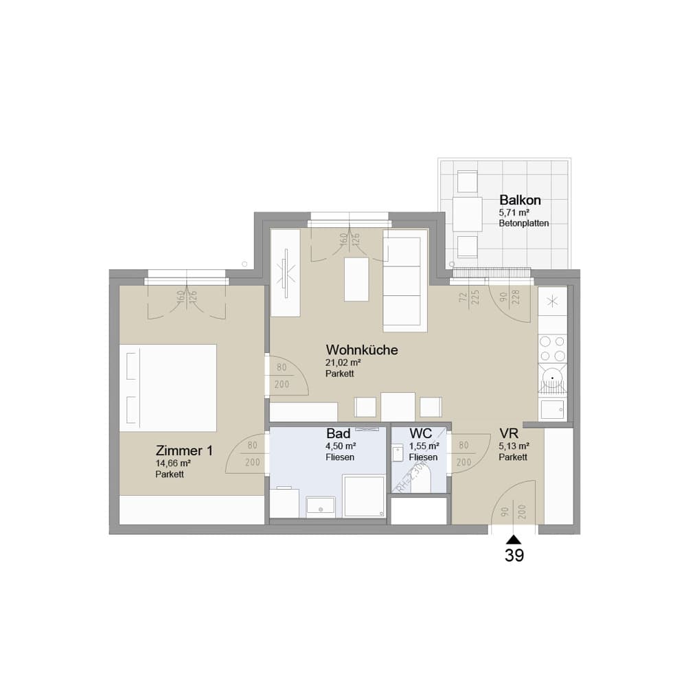 Grundriss Top 39 — Soley — 2 Zimmer — 46,9 m² — 5th floor