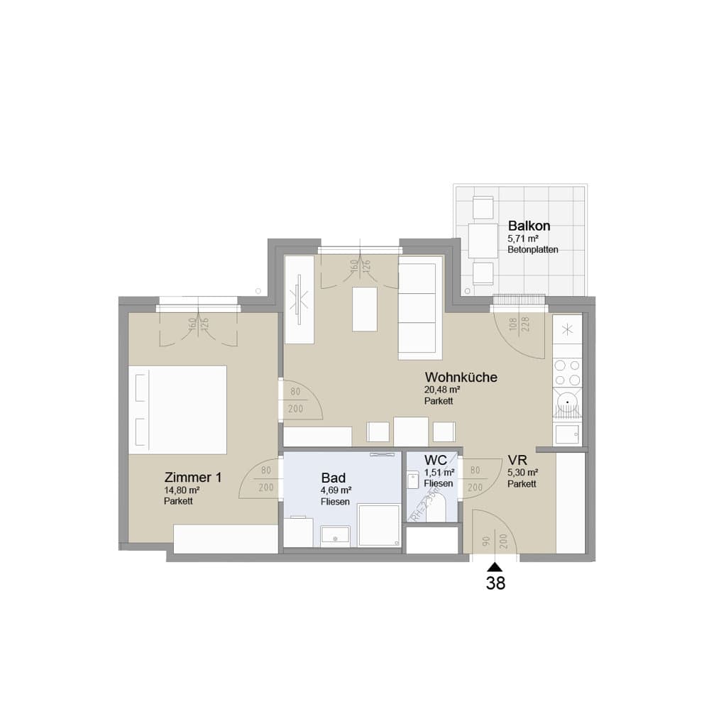 Grundriss Top 38 — Soley — 2 Zimmer — 46,8 m² — 4th floor