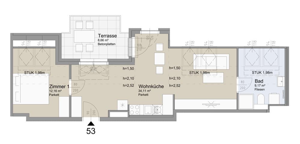 Grundriss Top 53 — Soley — 2 Zimmer — 55,4 m² — Attic floor