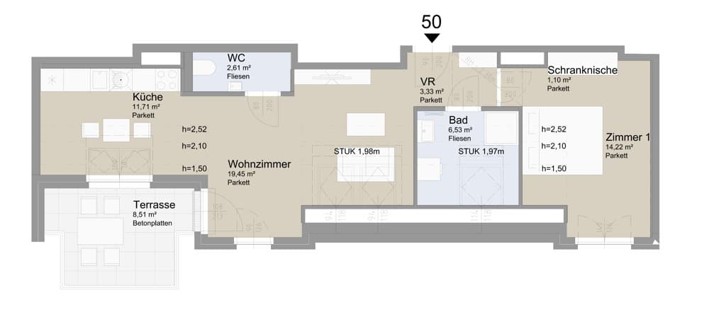 Grundriss Top 50 — Soley — 2 Zimmer — 58,8 m² — Attic floor