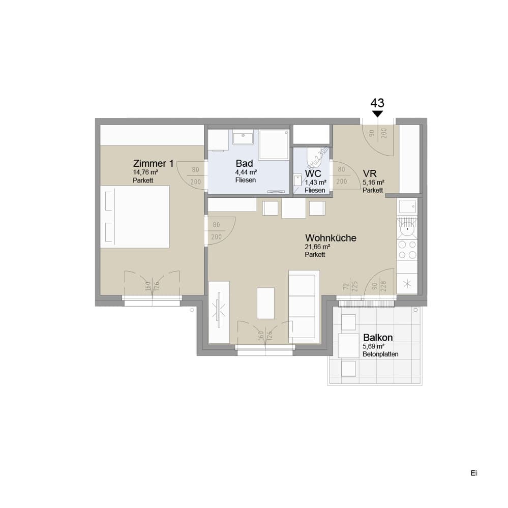 Grundriss Top 43 — Soley — 2 Zimmer — 47,5 m² — 5th floor