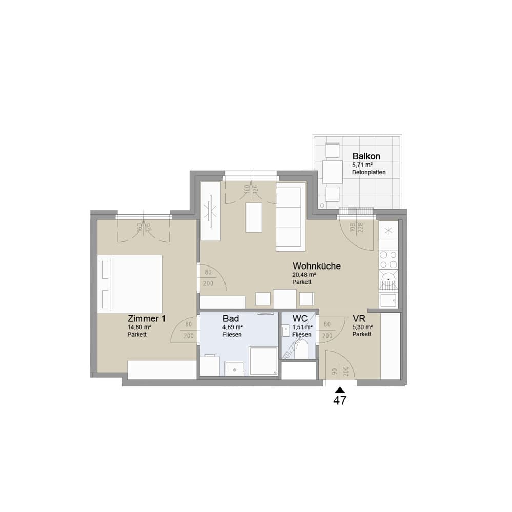 Grundriss Top 47 — Soley — 2 Zimmer — 46,8 m² — 5th floor