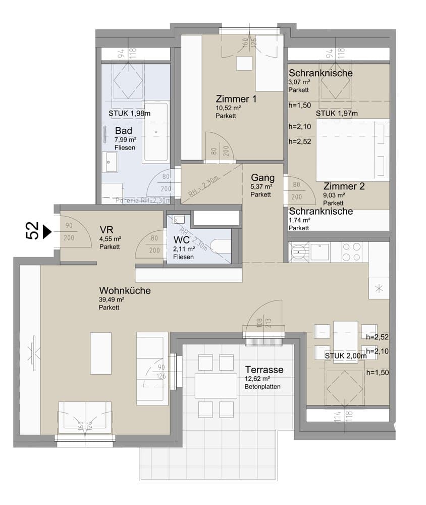 Grundriss Top 52 — Soley — 3 Zimmer — 83,6 m² — Attic floor