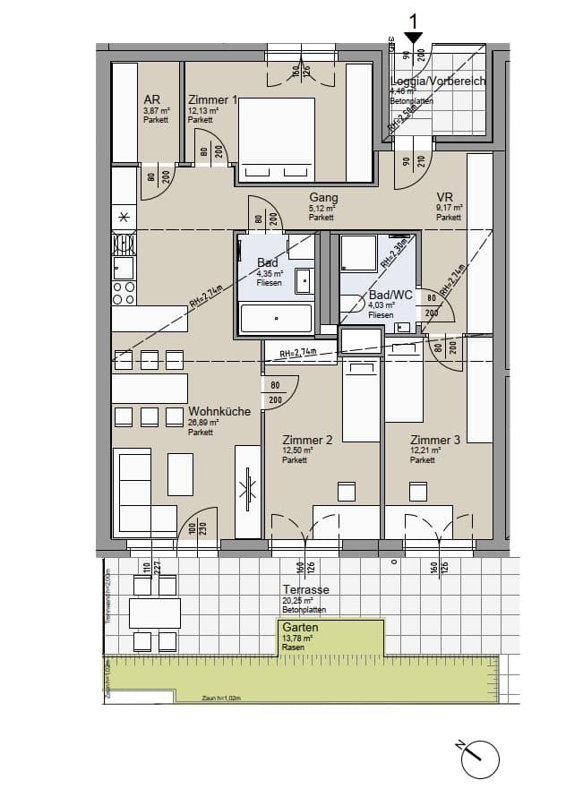 Grundriss Top 1 — Soley — 4 Zimmer — 90,3 m² — Ground floor