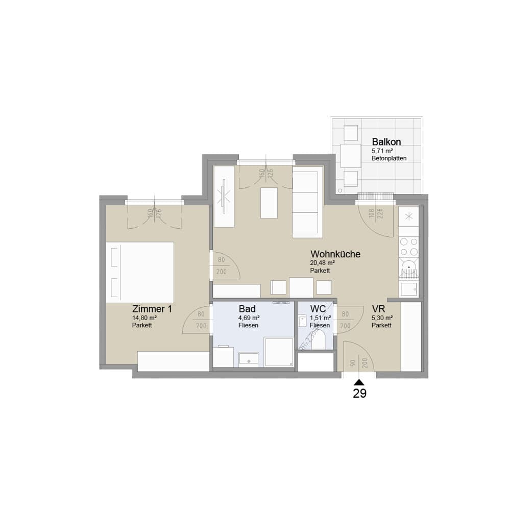 Grundriss Top 29 — Soley — 2 Zimmer — 46,8 m² — 3rd floor