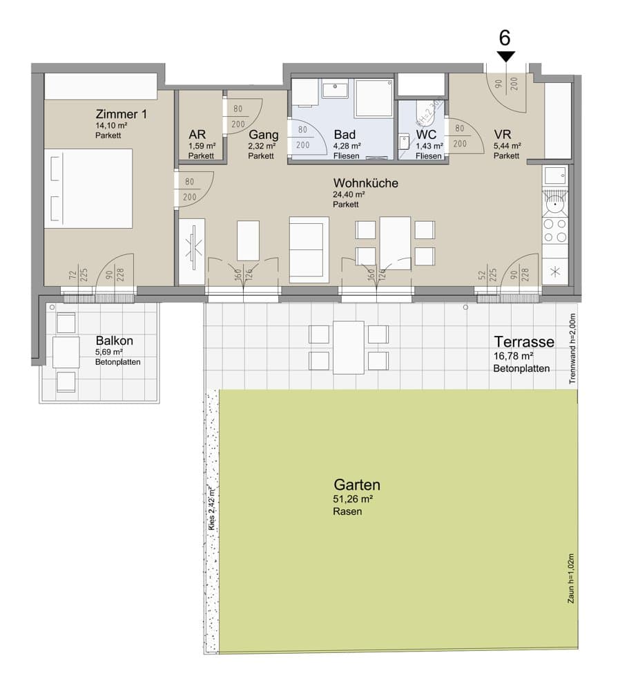 Grundriss Top 6 — Soley — 2 Zimmer — 53,4 m² — 1st floor