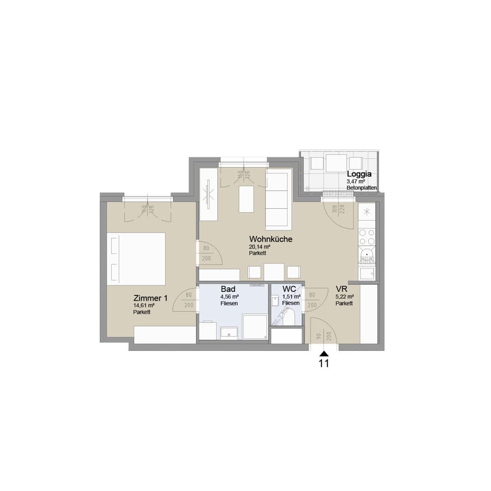 Grundriss Top 11 — Soley — 2 Zimmer — 46 m² — 1st floor