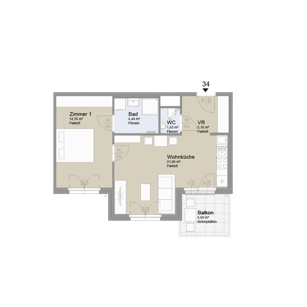 Grundriss Top 34 — Soley — 2 Zimmer — 47,5 m² — 4th floor