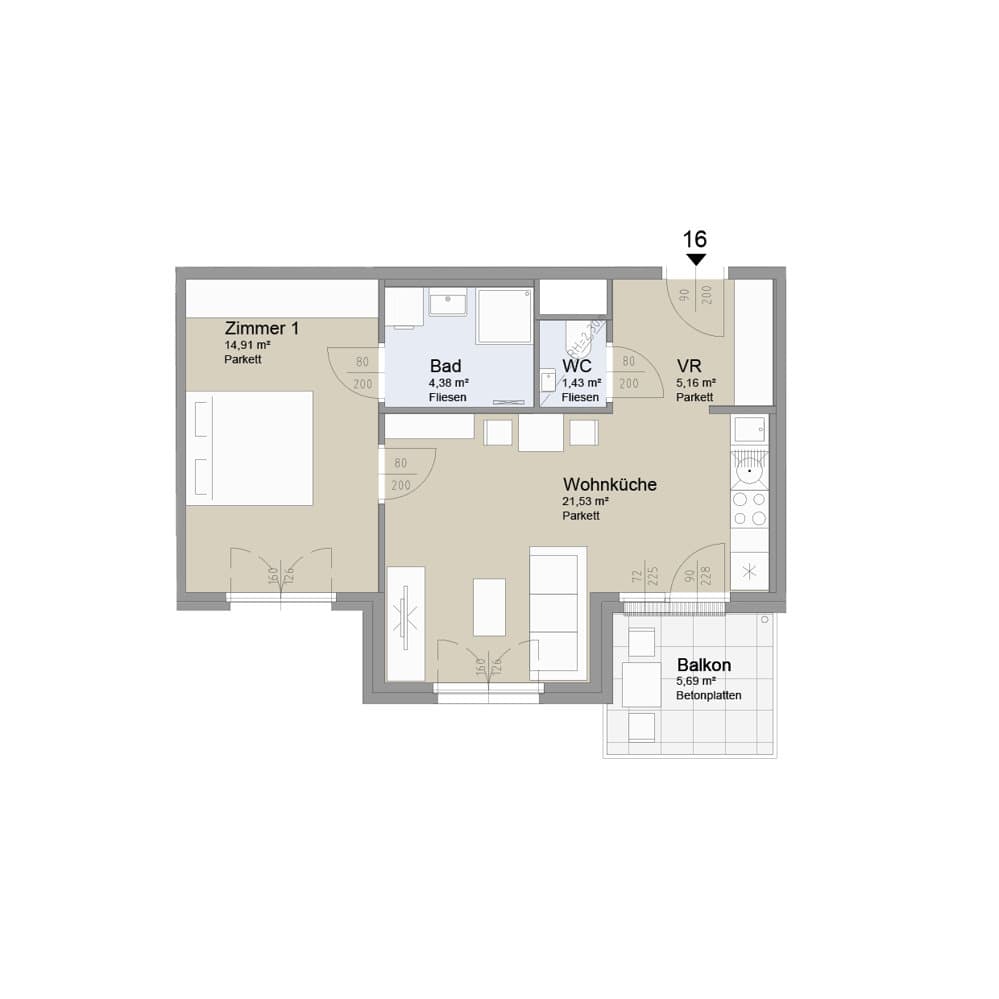 Grundriss Top 16 — Soley — 2 Zimmer — 47,4 m² — 2nd floor