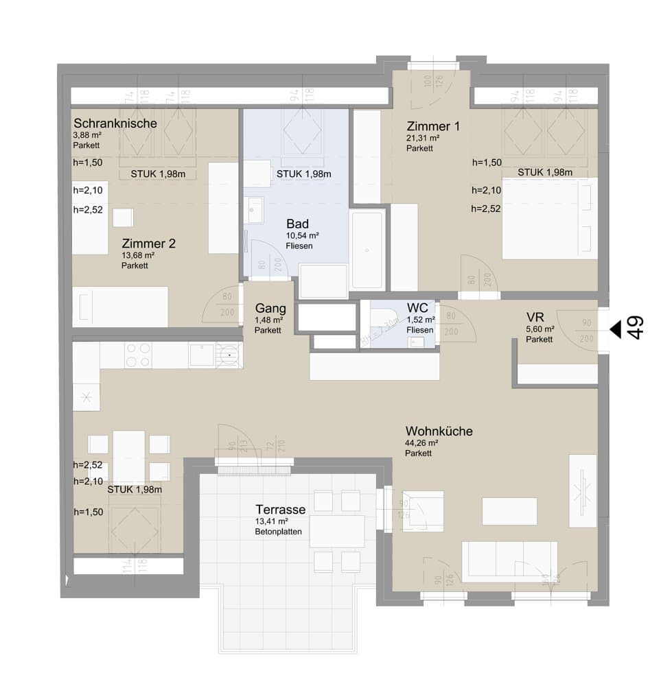 Grundriss Top 49 — Soley — 3 Zimmer — 102,3 m² — Attic floor