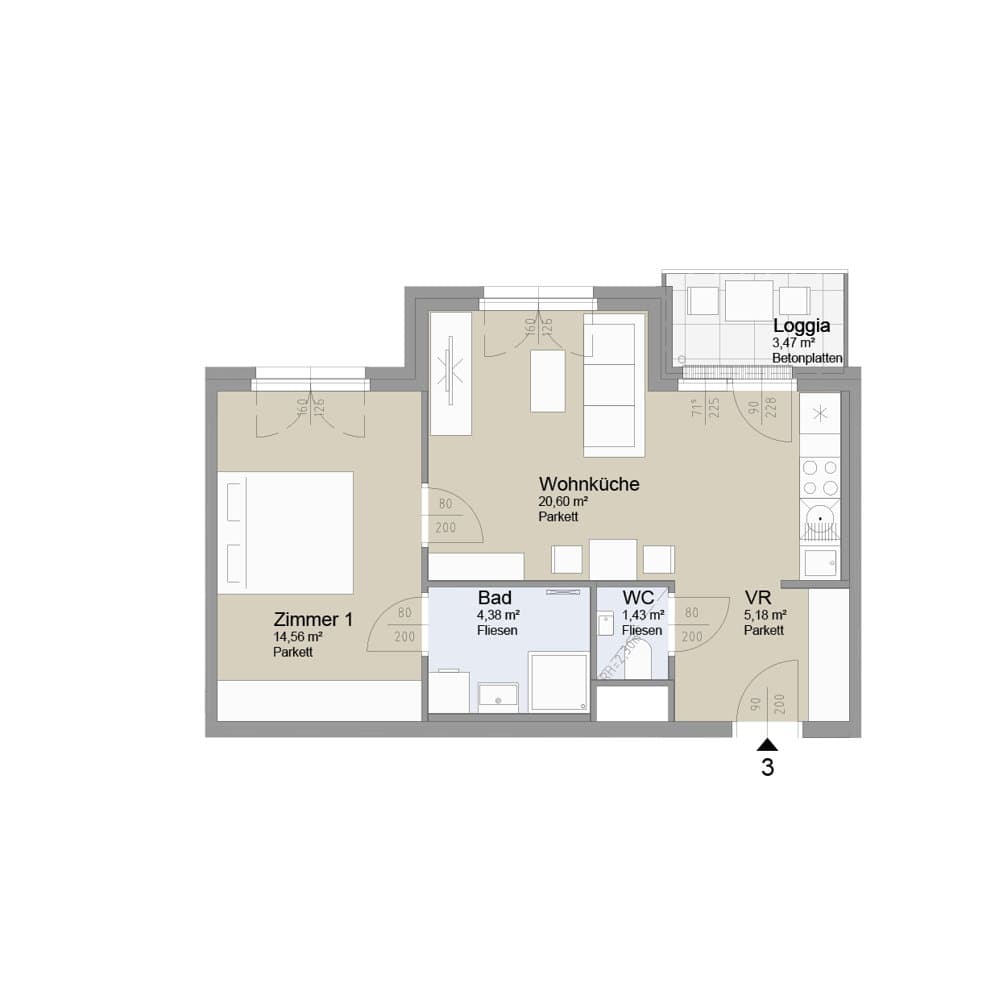 Grundriss Top 3 — Soley — 2 Zimmer — 46,2 m² — 1st floor