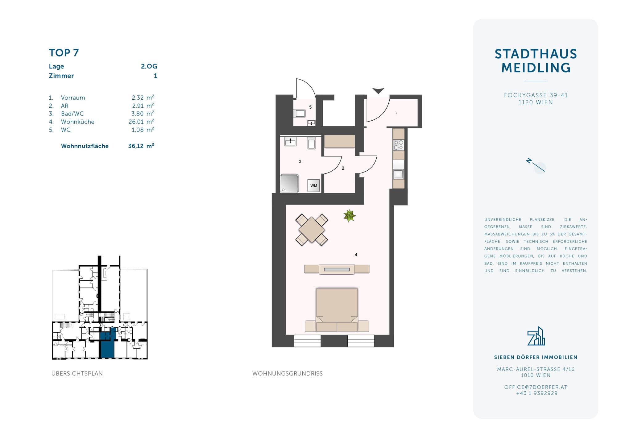 Grundriss Top 07 — Stadthaus Meidling — 1 Zimmer — 36,1 m² — 1st floor