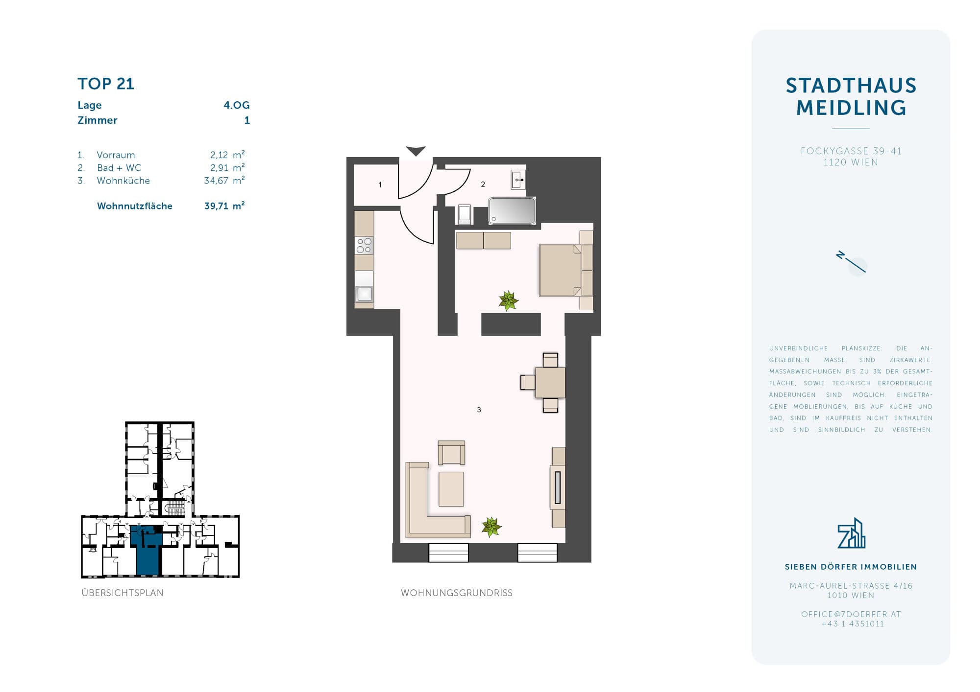 Grundriss Top 21 — Stadthaus Meidling — 1.5 Zimmer — 39,7 m² — 3rd floor