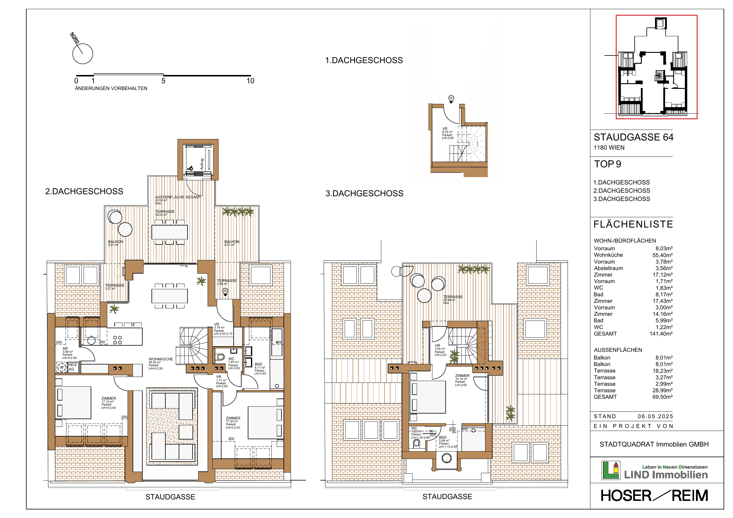 Grundriss Top 9 — Staudgasse 64 — 4 Zimmer — 141,4 m² — 1st attic floor / 2nd attic floor / 3rd attic floor — N/S