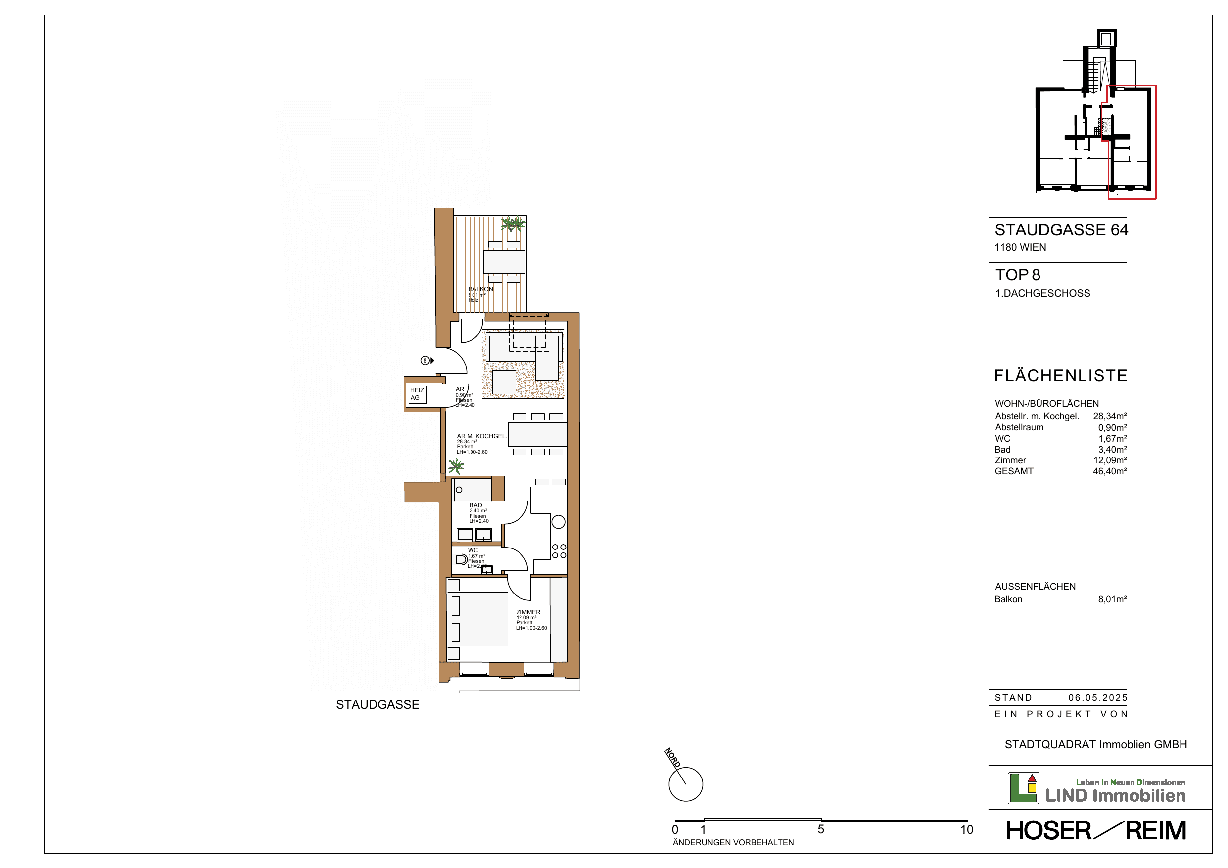 Grundriss Top 8 — Staudgasse 64 — 2 Zimmer — 46,4 m² — 1st attic floor — N/S