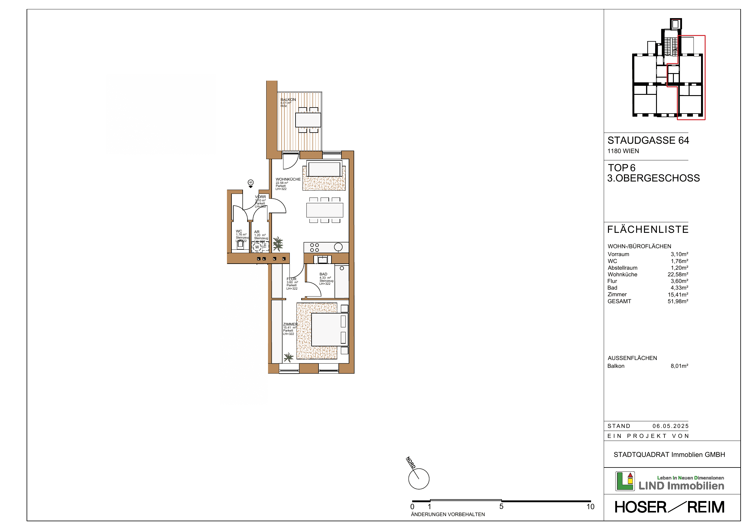 Grundriss Top 6 — Staudgasse 64 — 2 Zimmer — 52 m² — 3rd floor — N/S