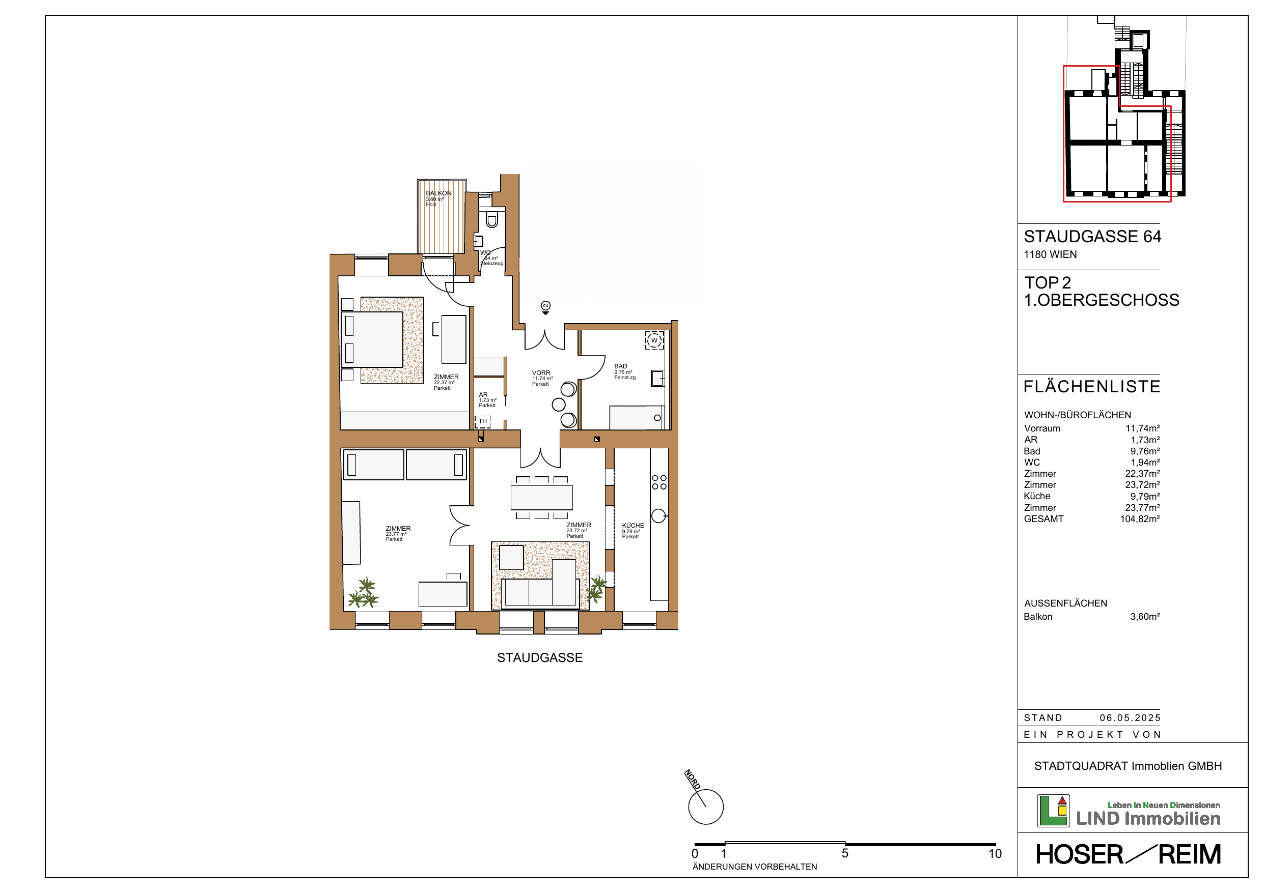 Grundriss Top 2 — Staudgasse 64 — 3 Zimmer — 104,8 m² — 1st floor — N/S