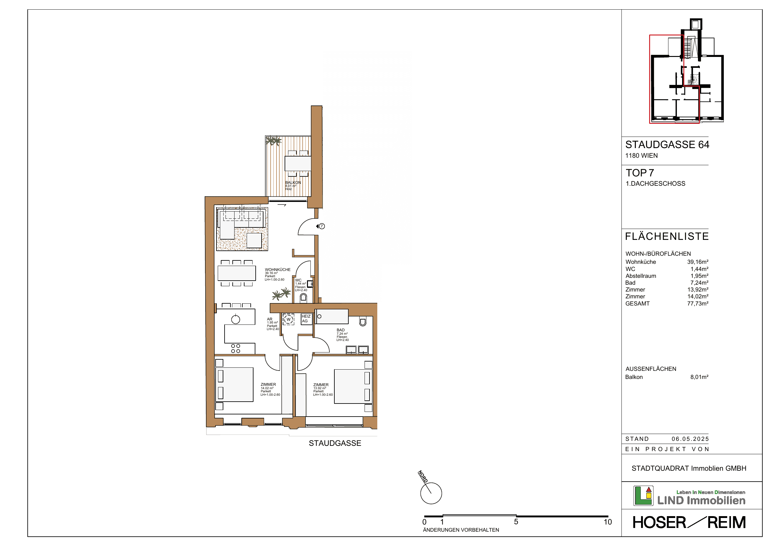 Grundriss Top 7 — Staudgasse 64 — 3 Zimmer — 77,7 m² — 1st attic floor — N/S