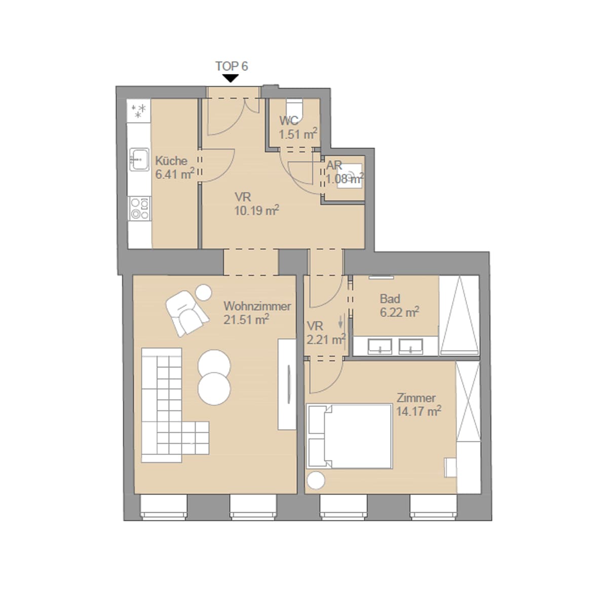 Grundriss Top 6 — Sternwartestraße 3 — 2 Zimmer — 64 m² — 1st floor — Grundriss 2/2