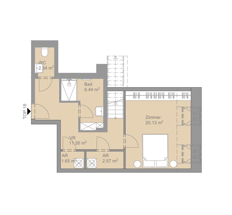 Grundriss Top 18 — Sternwartestraße 3 — 3 Zimmer — 121 m² — Attic floor — Terrasse 6,64 m² — Grundriss 1/4