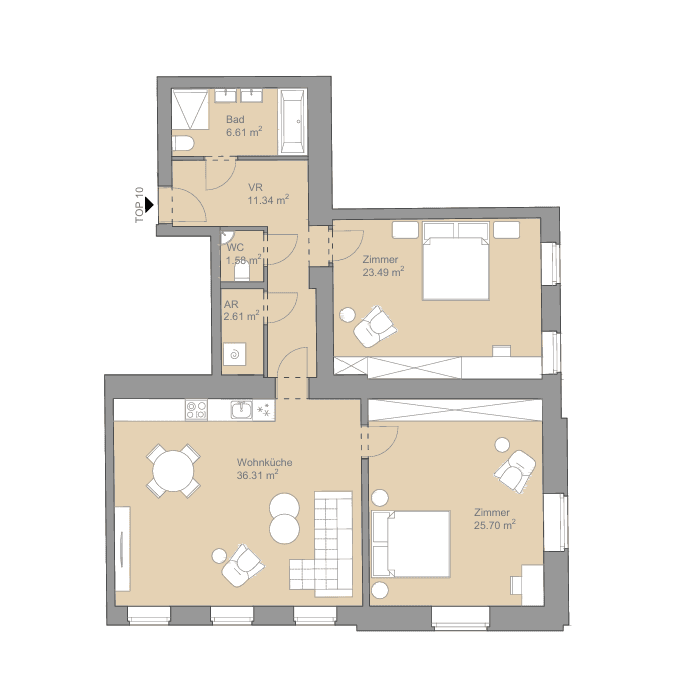 Grundriss Top 10 — Sternwartestraße 3 — 3 Zimmer — 108 m² — 2nd floor — Grundriss 1/2