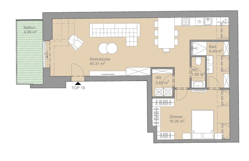 Grundriss Top 19 — Sternwartestraße 3 — 3 Zimmer — 74 m² — Attic floor — Balkon 8,50 m² — Grundriss 1/2