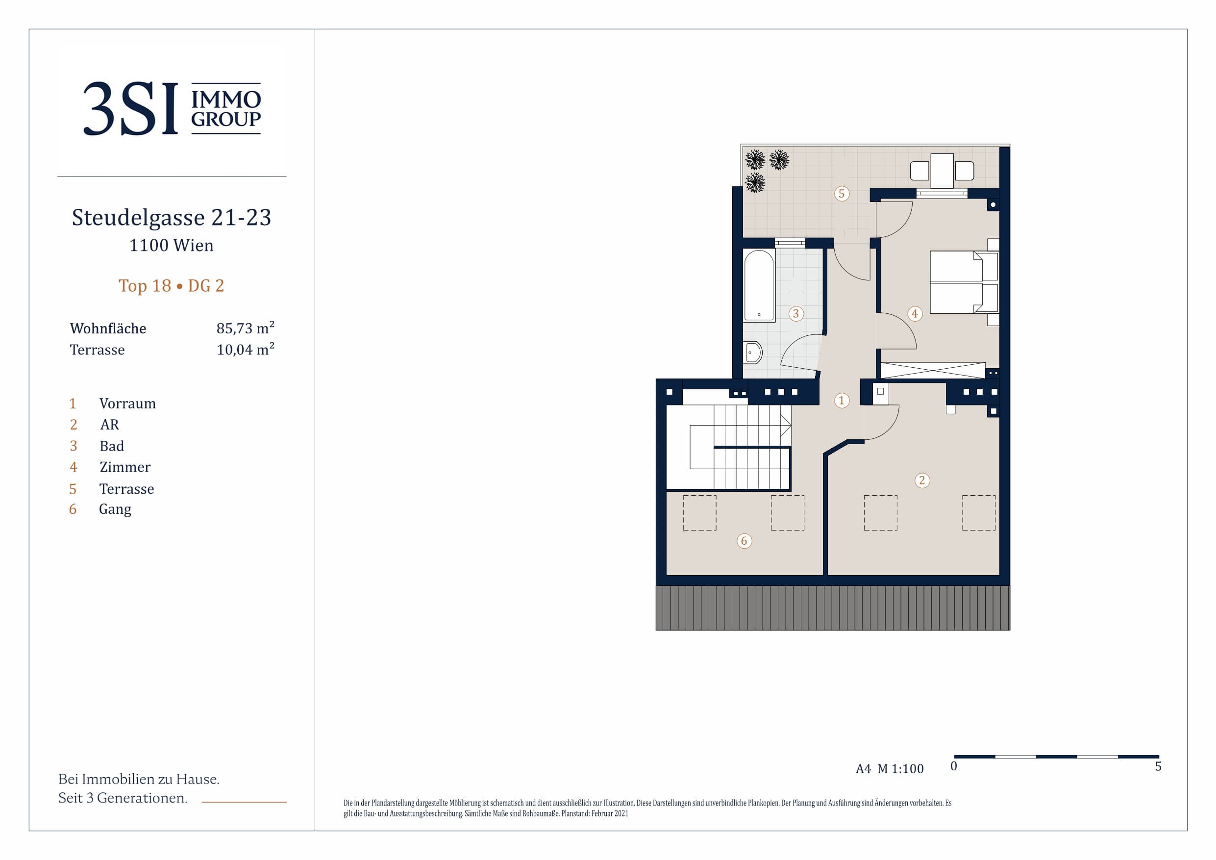 Grundriss Top 2/18 — Steudelgasse 21-23 — 3 Zimmer — 85,7 m² — 1st attic floor / 2nd attic floor — Ostbalkon, Terrasse — Grundriss 2/2