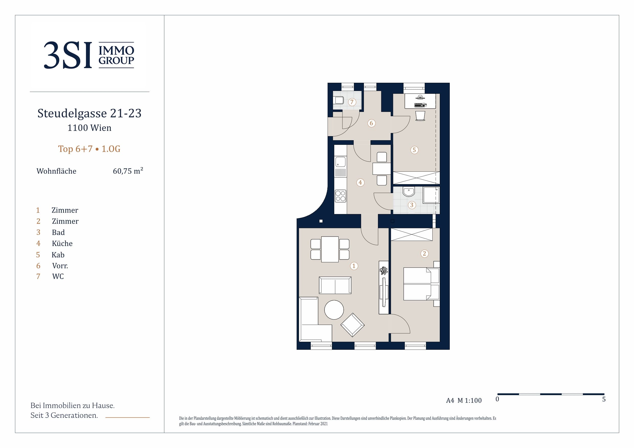 Grundriss Top 1/6-7 — Steudelgasse 21-23 — 3 Zimmer — 60,8 m² — 1st floor — West