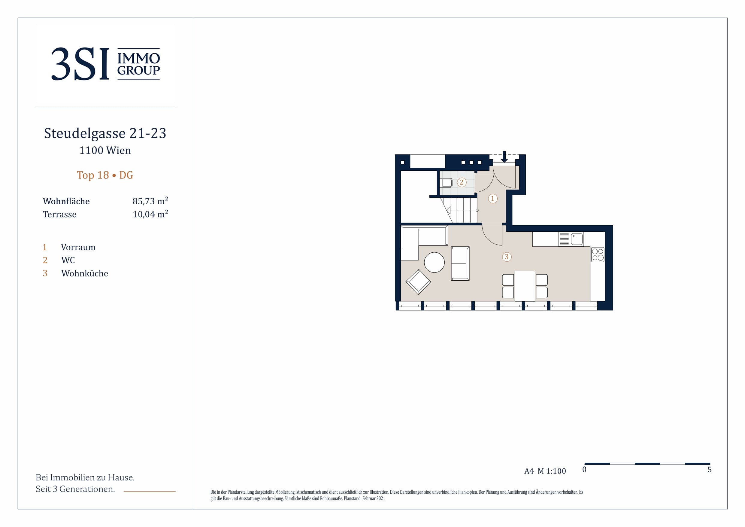 Grundriss Top 2/18 — Steudelgasse 21-23 — 3 Zimmer — 85,7 m² — 1st attic floor / 2nd attic floor — Ostbalkon, Terrasse — Grundriss 1/2
