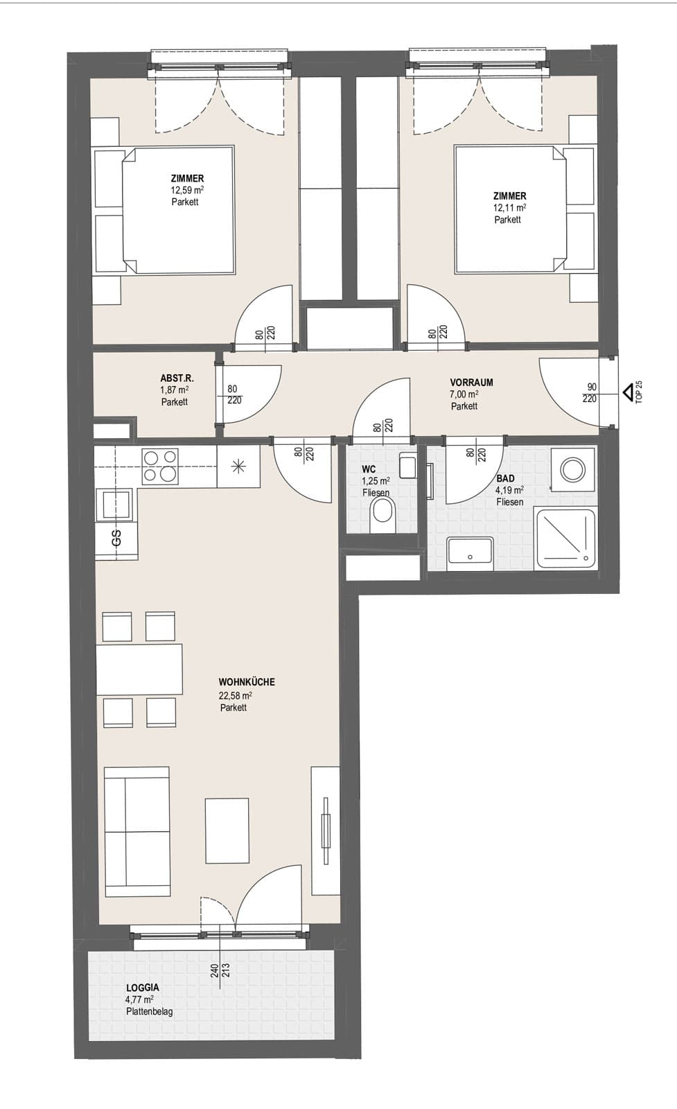 Grundriss TOP P 1.25 — Perfektastraße 13 — 3 Zimmer — 61,6 m² — 5th floor — Balkon 4.77 m²