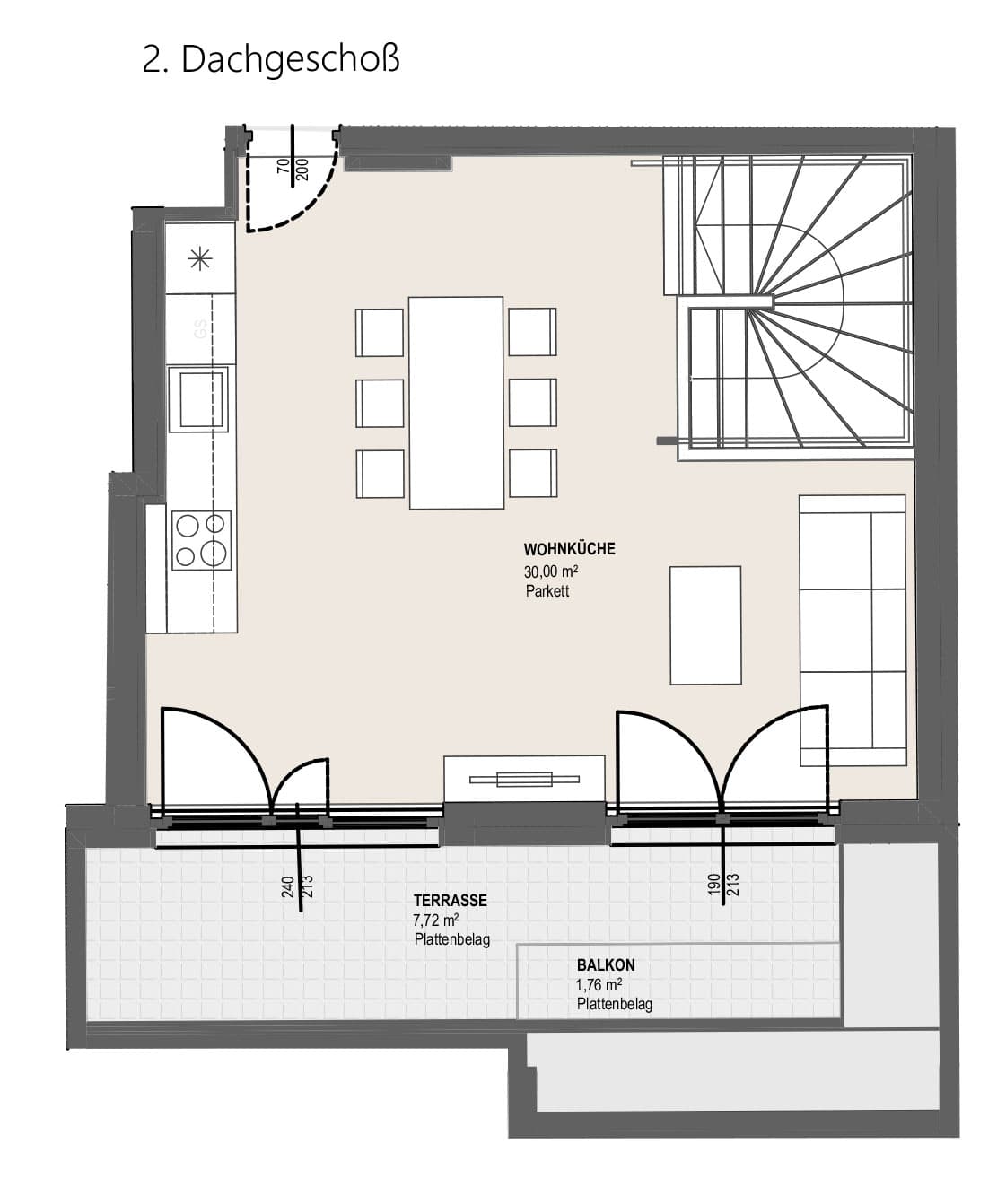 Grundriss TOP P 1.37 — Perfektastraße 13 — 2 Zimmer — 62,9 m² — 1st attic floor / 2nd attic floor — Balkon 6.26 m², Terrasse 7.72 m² — Grundriss 2/2