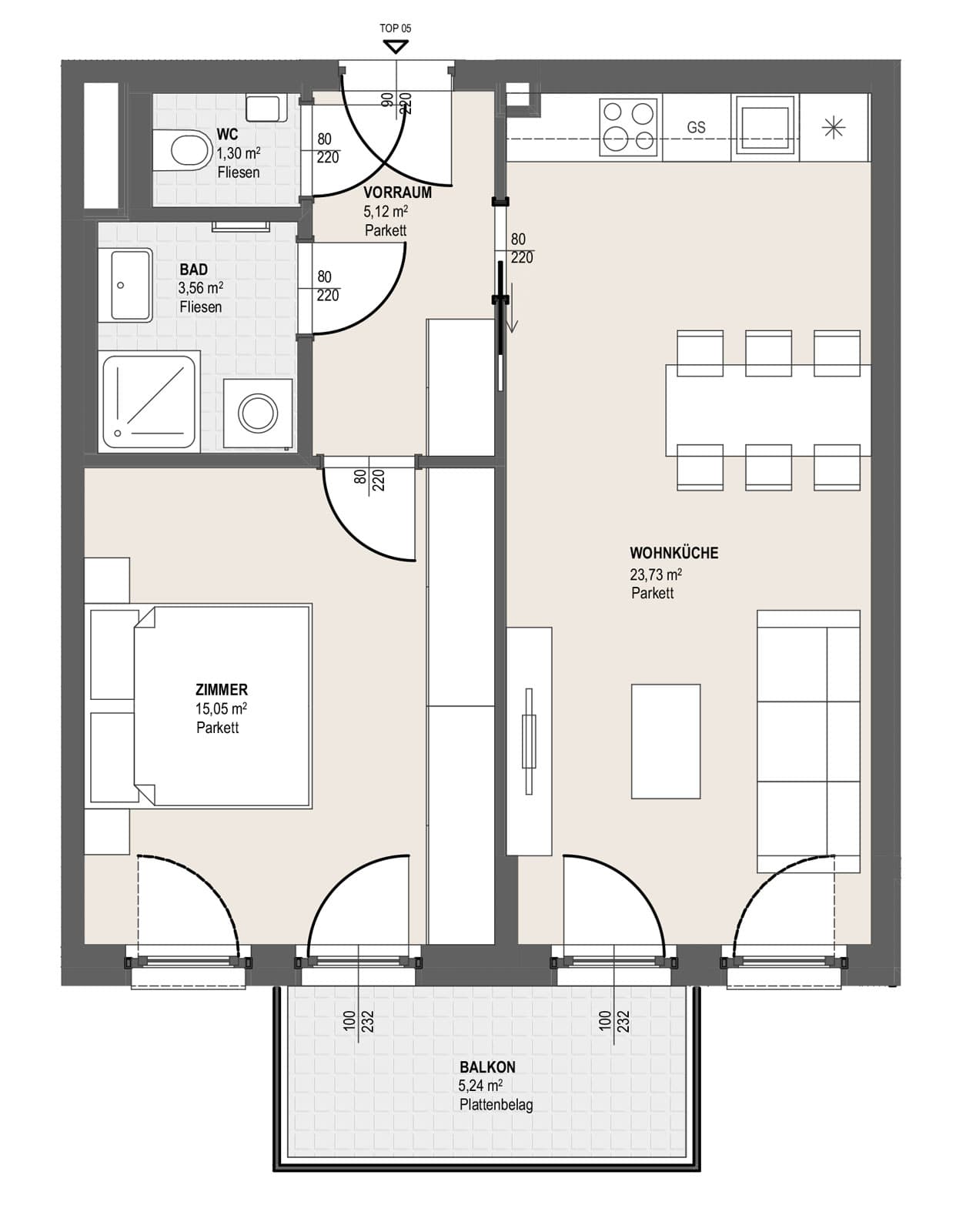 Grundriss TOP S 3.5 — Perfektastraße 13 — 2 Zimmer — 48,8 m² — 1st floor — Balkon 5.24 m²