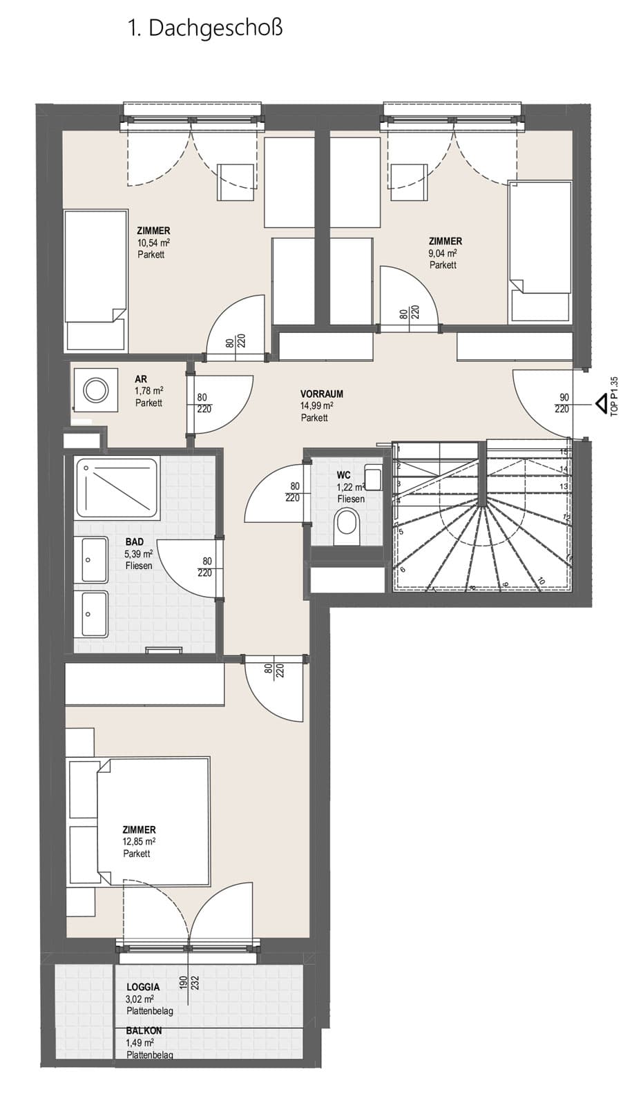 Grundriss TOP P 1.35 — Perfektastraße 13 — 4 Zimmer — 98,3 m² — 1st attic floor / 2nd attic floor — Balkon 3.20 m², Terrasse 5.26 m² — Grundriss 1/2