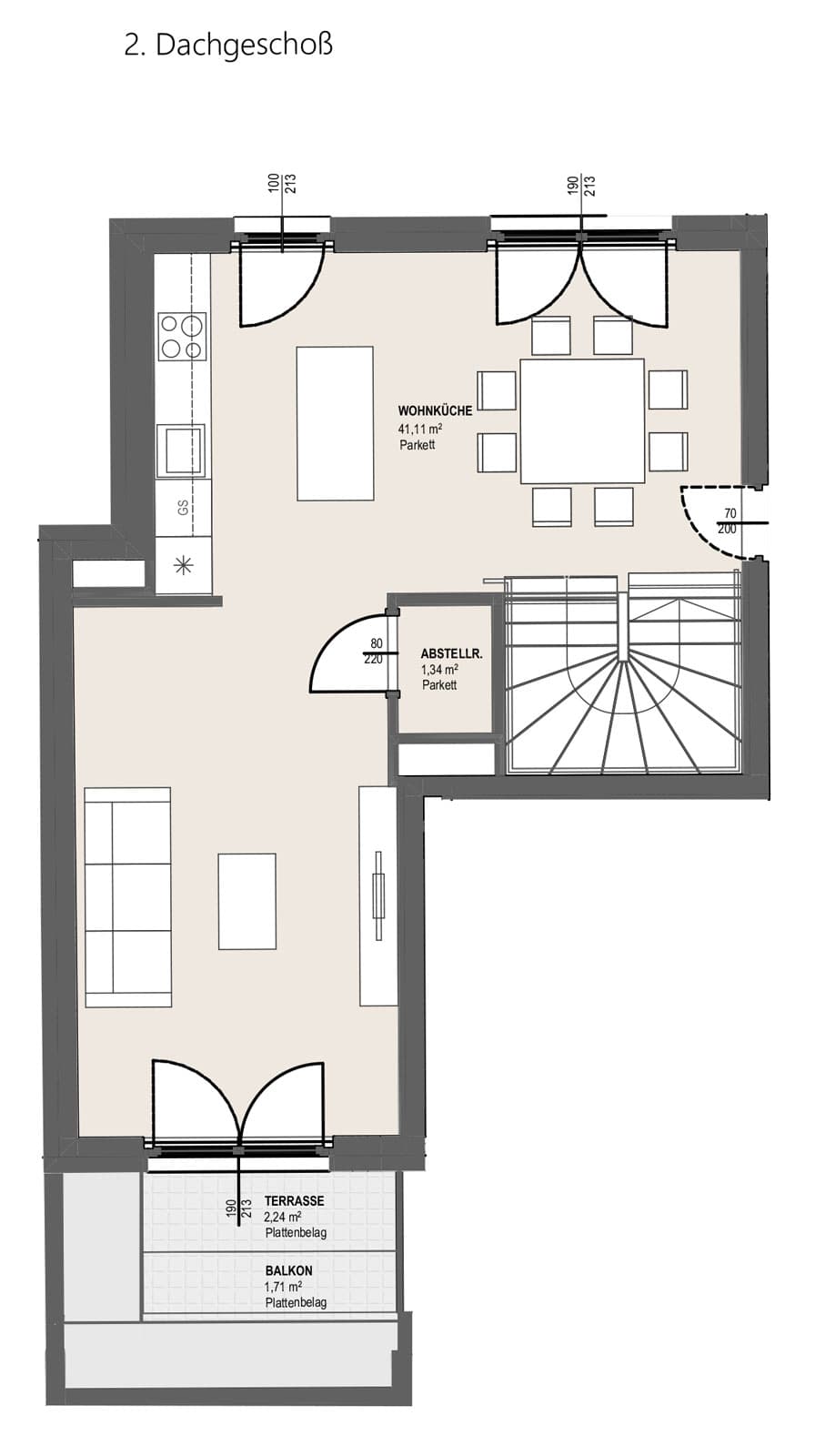 Grundriss TOP P 1.35 — Perfektastraße 13 — 4 Zimmer — 98,3 m² — 1st attic floor / 2nd attic floor — Balkon 3.20 m², Terrasse 5.26 m² — Grundriss 2/2