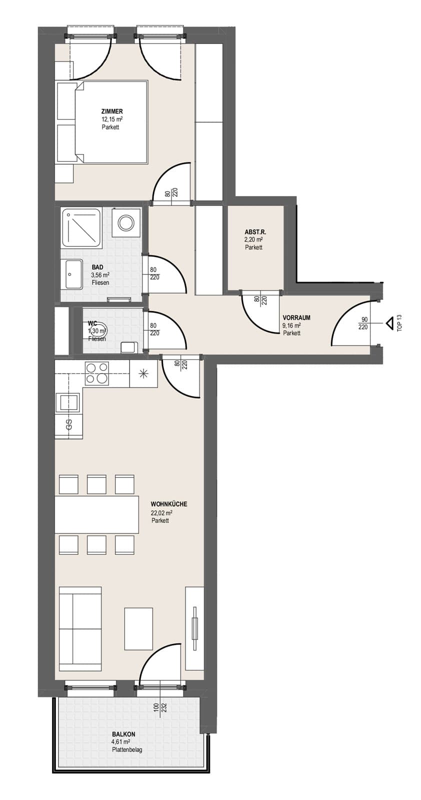 Grundriss TOP S 3.13 — Perfektastraße 13 — 2 Zimmer — 50,4 m² — 2nd floor — Balkon 4.61 m²