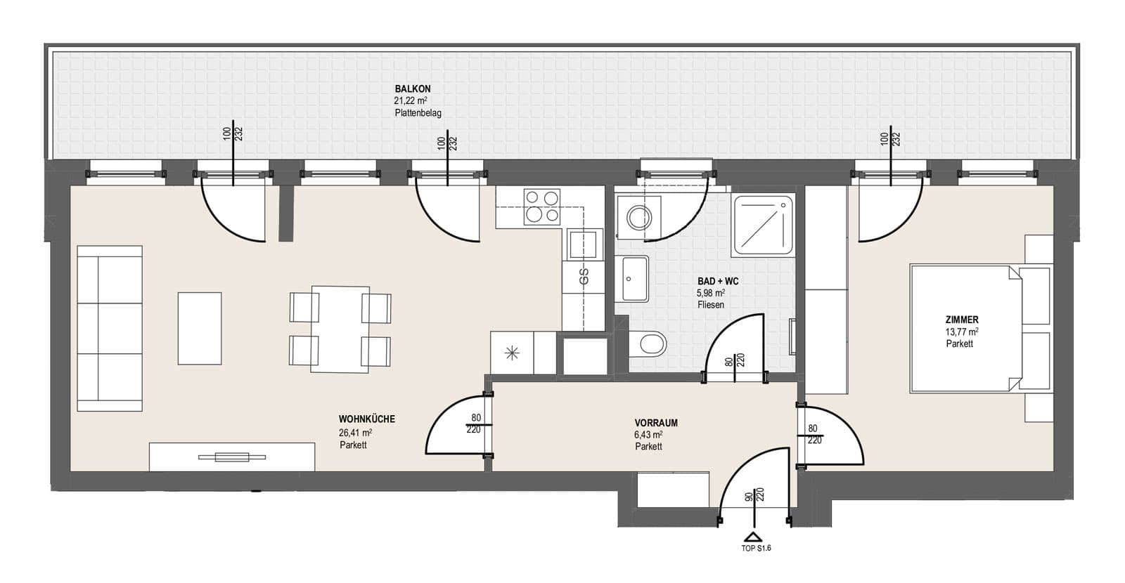 Grundriss TOP S 1.6 — Perfektastraße 13 — 2 Zimmer — 52,6 m² — 1st floor — Balkon 21.22 m²