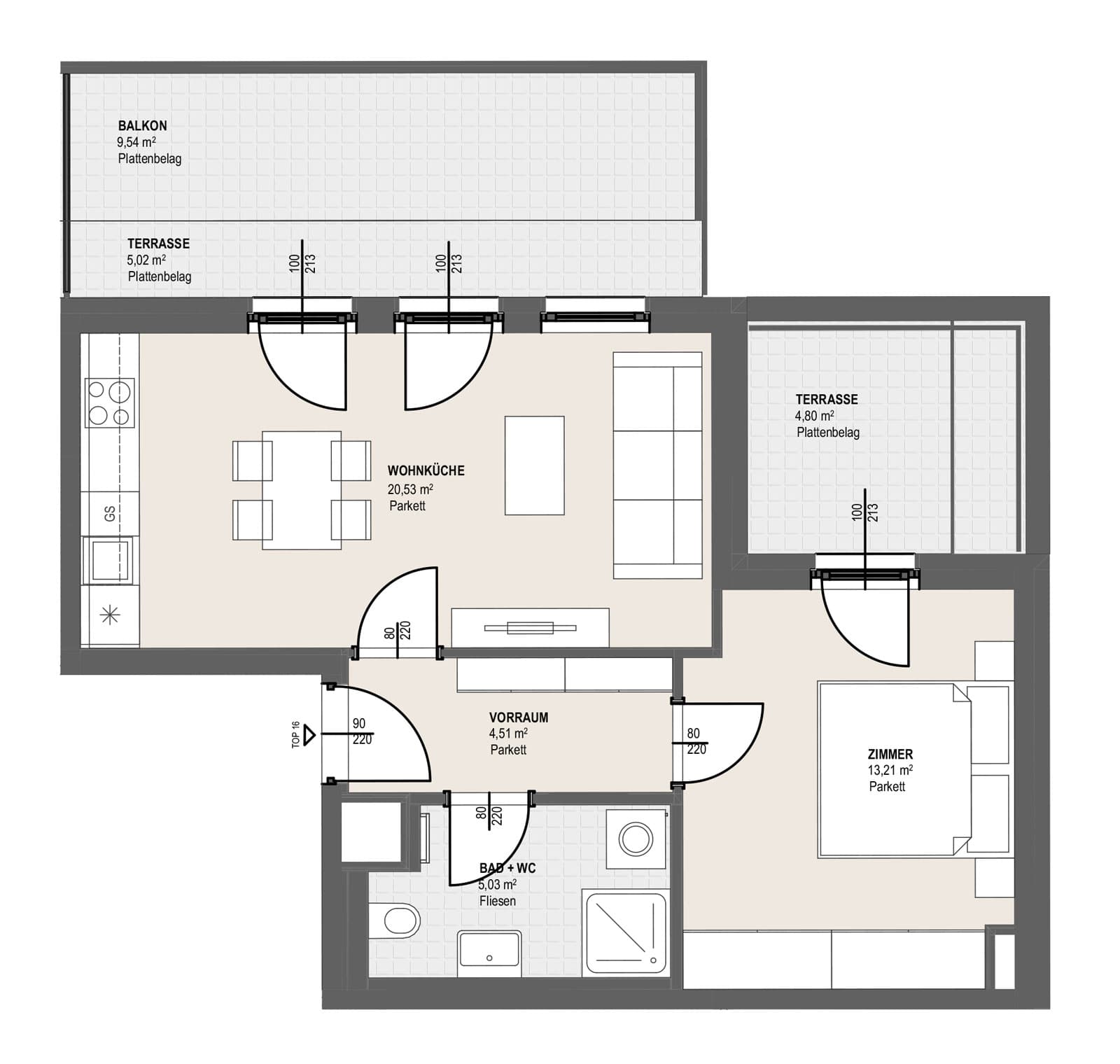 Grundriss TOP S 3.16 — Perfektastraße 13 — 2 Zimmer — 43,3 m² — Attic floor — Balkon 9.54 m², Terrasse 9.82 m²