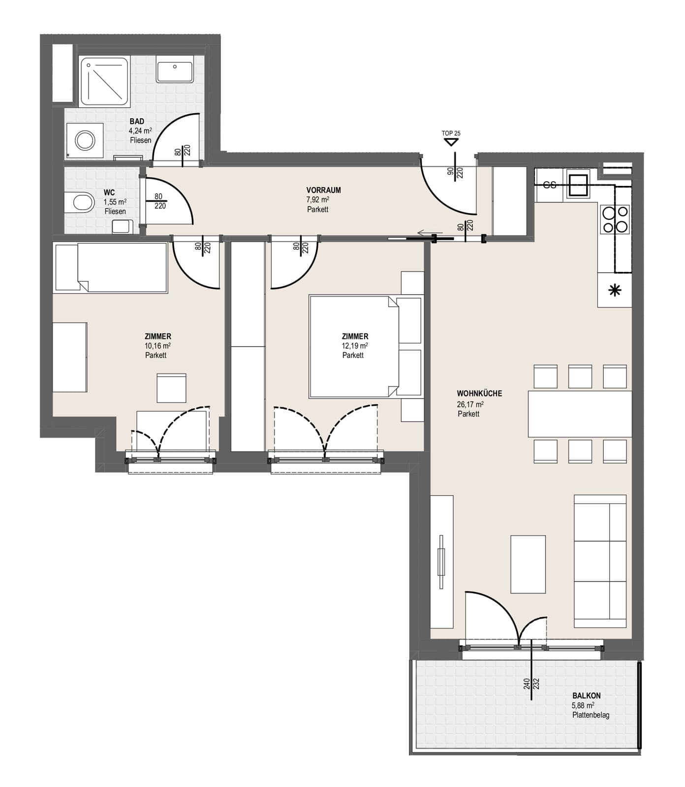 Grundriss TOP P 2.25 — Perfektastraße 13 — 3 Zimmer — 62,2 m² — 6th floor — Balkon 5.88 m²