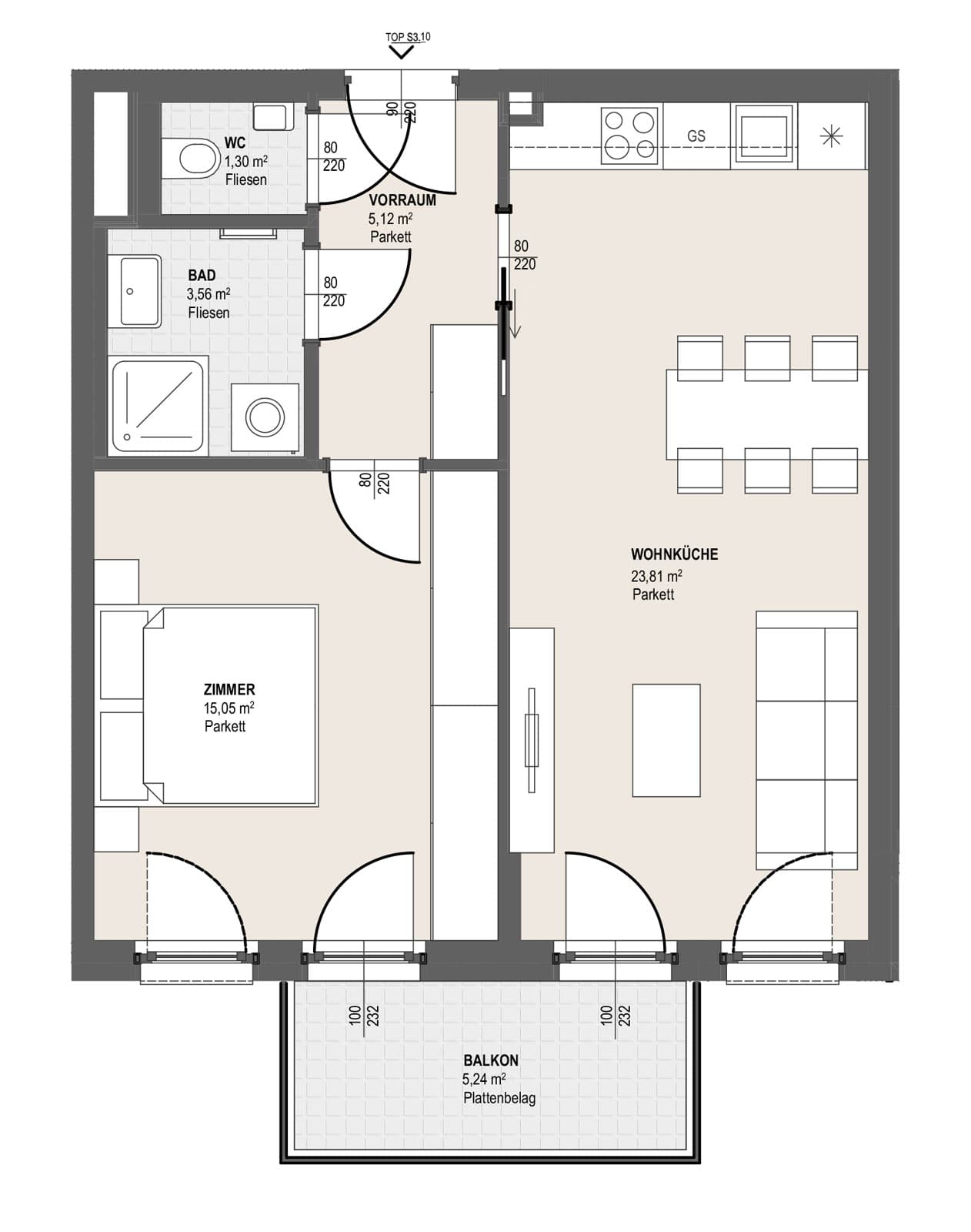 Grundriss TOP S 3.10 — Perfektastraße 13 — 2 Zimmer — 48,8 m² — 2nd floor — Balkon 5.24 m²