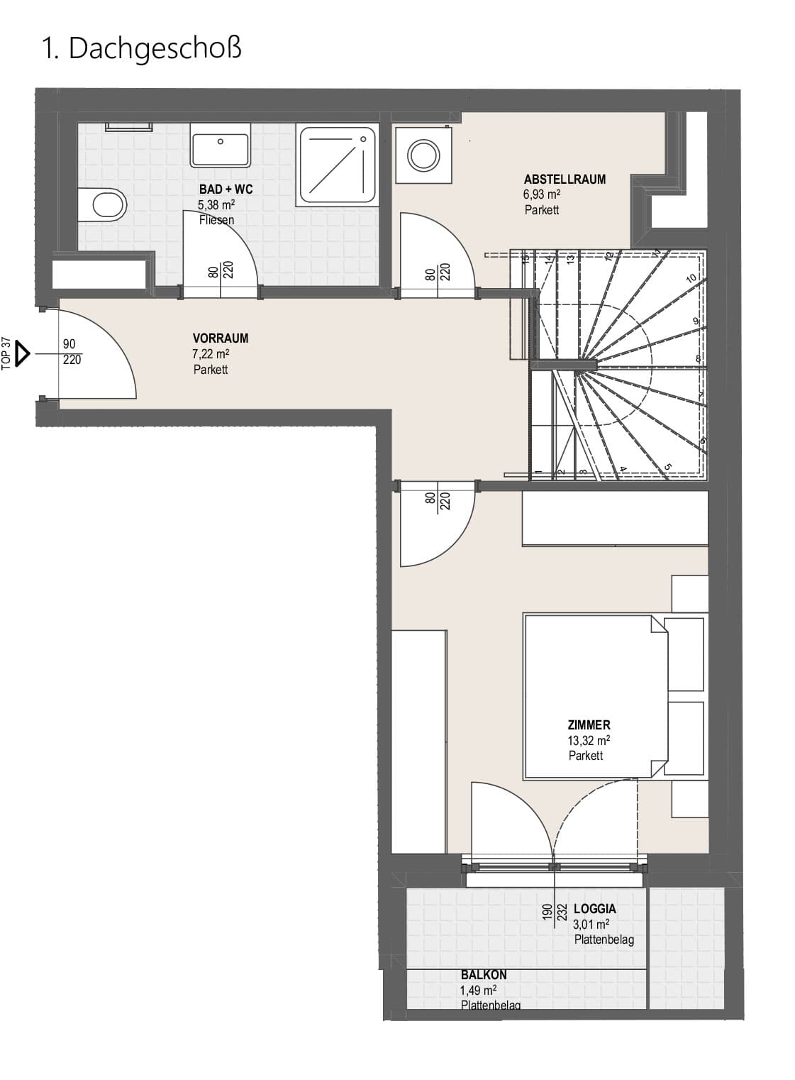 Grundriss TOP P 1.37 — Perfektastraße 13 — 2 Zimmer — 62,9 m² — 1st attic floor / 2nd attic floor — Balkon 6.26 m², Terrasse 7.72 m² — Grundriss 1/2