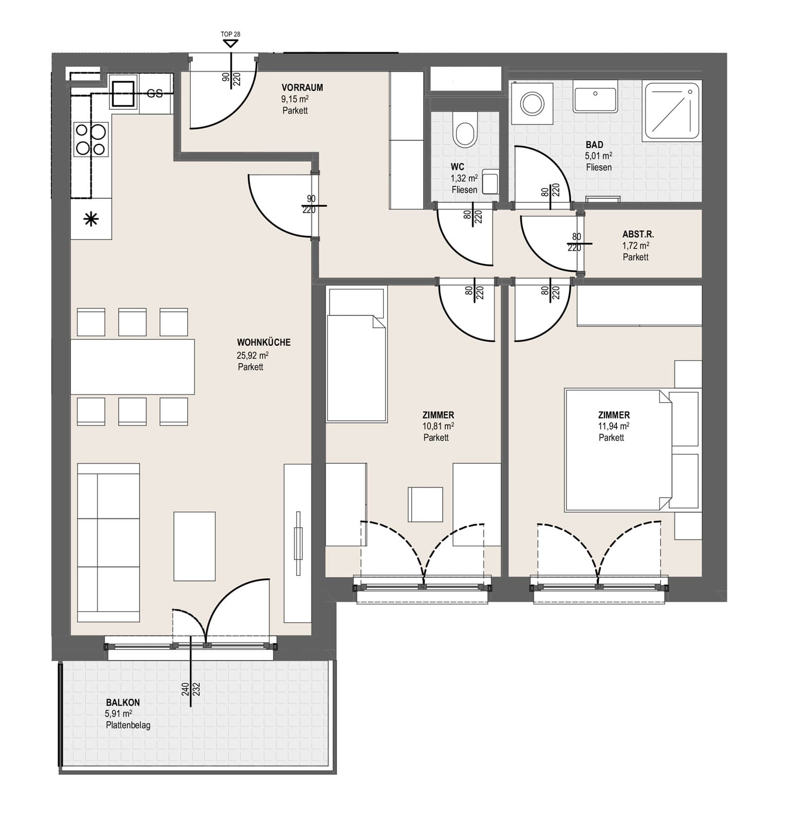 Grundriss TOP P 2.28 — Perfektastraße 13 — 3 Zimmer — 65,9 m² — 6th floor — Balkon 5.91 m²