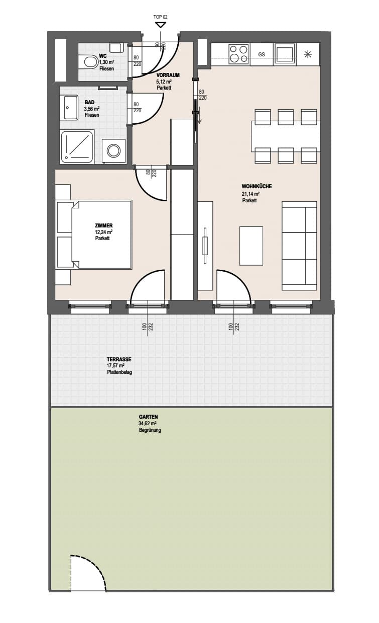 Grundriss TOP S 3.2 — Perfektastraße 13 — 2 Zimmer — 43,4 m² — Ground floor — Terrasse 17.57 m², Garten 34.62 m²