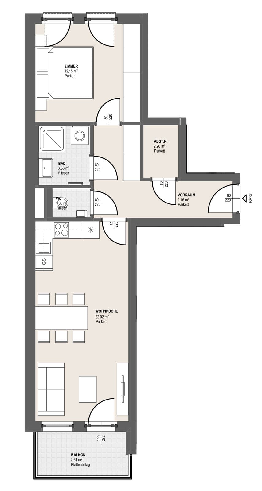 Grundriss TOP S 3.8 — Perfektastraße 13 — 2 Zimmer — 50,4 m² — 1st floor — Balkon 4.61 m²