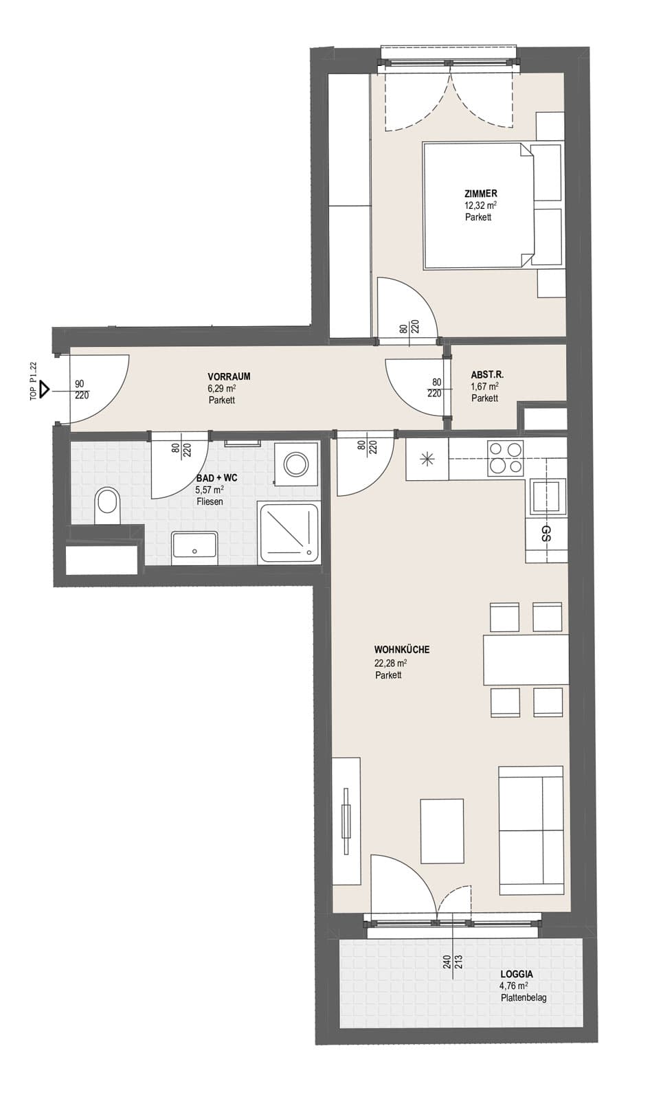 Grundriss TOP P 1.22 — Perfektastraße 13 — 2 Zimmer — 48,1 m² — 4th floor — Balkon 4.76 m²
