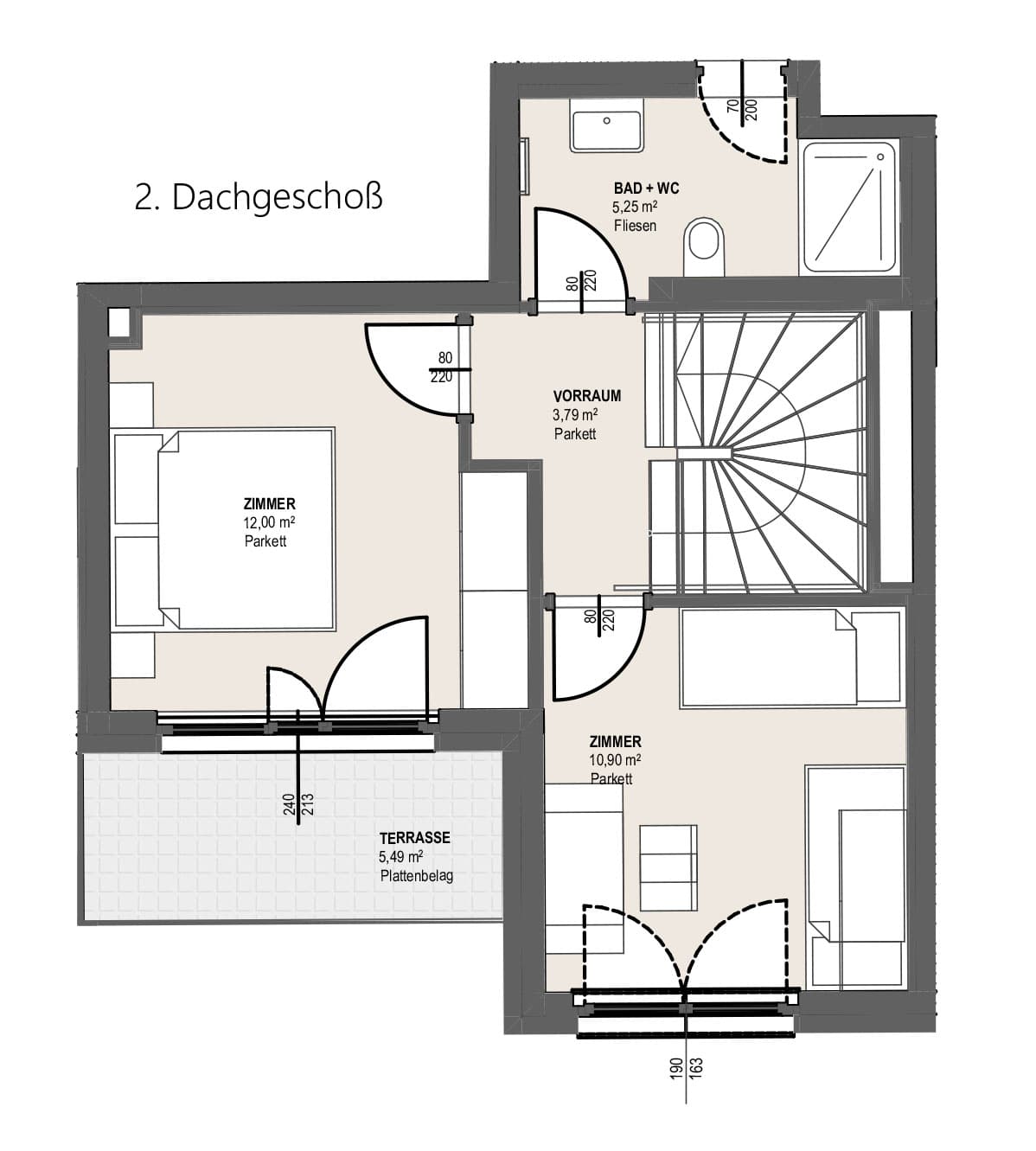 Grundriss TOP P 1.34 — Perfektastraße 13 — 3 Zimmer — 69 m² — 1st attic floor / 2nd attic floor — Balkon 7.33 m², Terrasse 13.15 m² — Grundriss 2/2