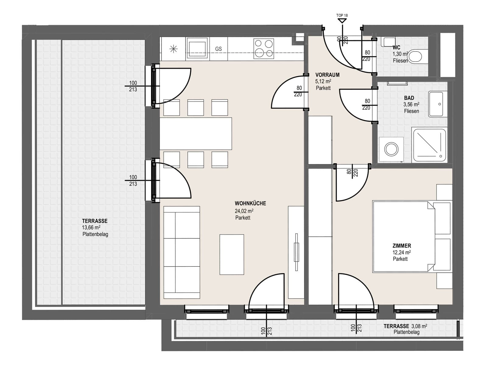 Grundriss TOP S 3.18 — Perfektastraße 13 — 2 Zimmer — 46,2 m² — Attic floor — Terrasse 16.74 m²
