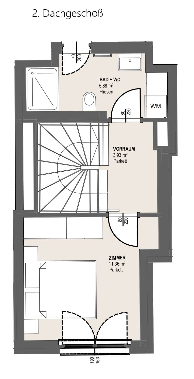 Grundriss TOP P 1.38 — Perfektastraße 13 — 2 Zimmer — 57,5 m² — 1st attic floor / 2nd attic floor — Balkon 7.33 m², Terrasse 7.66 m² — Grundriss 2/2